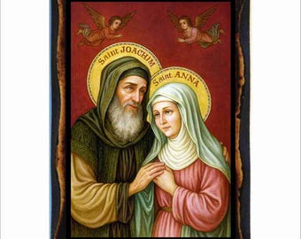 Saints Joachim and Anna - Byzantine Art - Catholic Holy Card on Handmade Wood Plaque