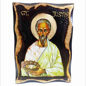 Justin Martyr - Justin the Philosopher - San Giustino - Justino Mártir Handmade Wood Icon on plaque with physical aging and Golden Leaf 24K