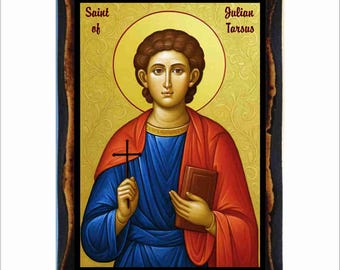 Icono bizantino de San Julián de Tarso - Estampa católica en placa de madera hecha a mano