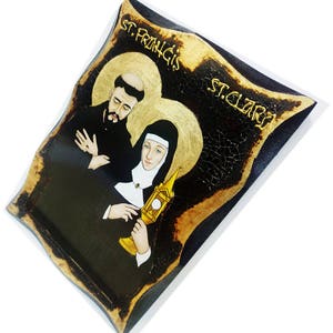 Saint Francis of Assisi and Saint Clare of Assisi Catholic friar, Handmade Wood Icon on plaque with physical aging and Golden Leaf 24K image 5