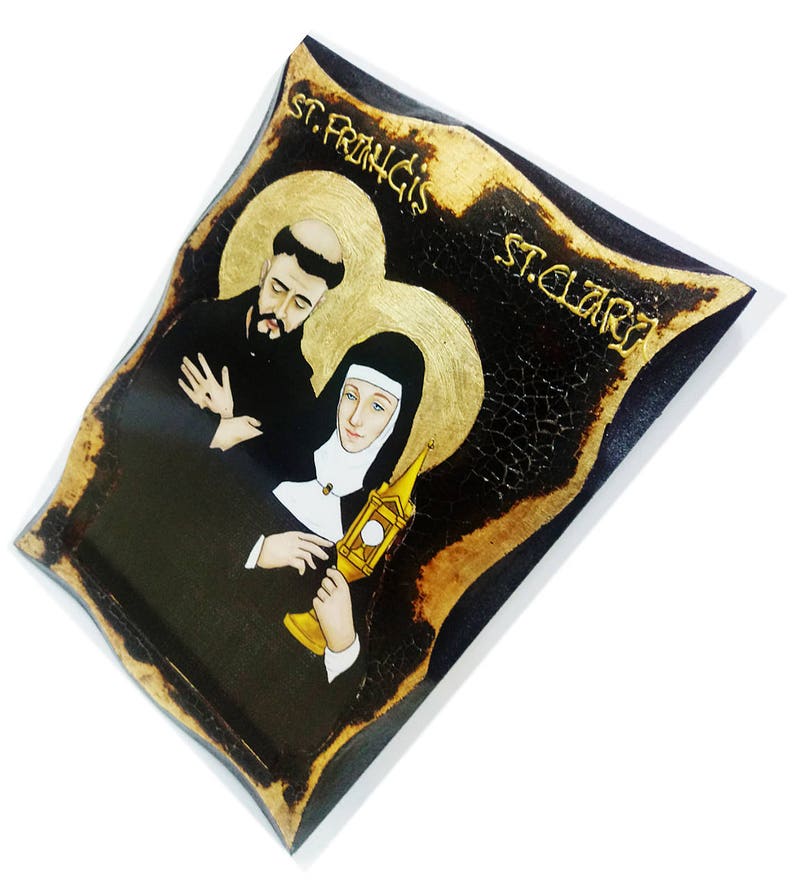 Saint Francis of Assisi and Saint Clare of Assisi Catholic friar, Handmade Wood Icon on plaque with physical aging and Golden Leaf 24K image 5