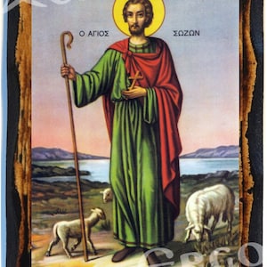 Saint Sozon Greek Orthodox Russian Mount Athos Byzantine Christian Catholic Icon on Wood