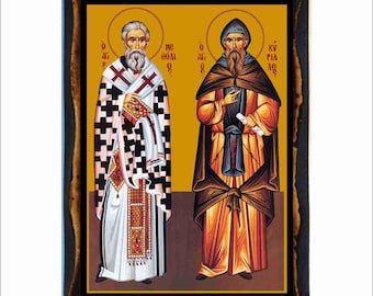 Saints Cyril and Methodius - Byzantine Art - Orthodox Holy Card on Handmade Wood Plaque