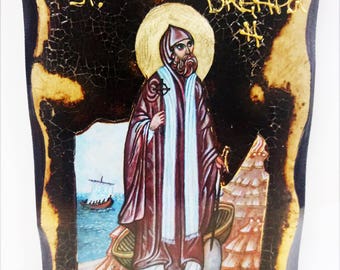 Saint Brendan the Navigator  Handmade Wood Icon on plaque with physical aging and Golden Leaf 24K