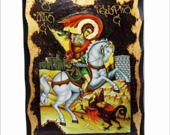 Handgemaakt Saint George-houten icoon: 24-karaats bladgouden plaquette