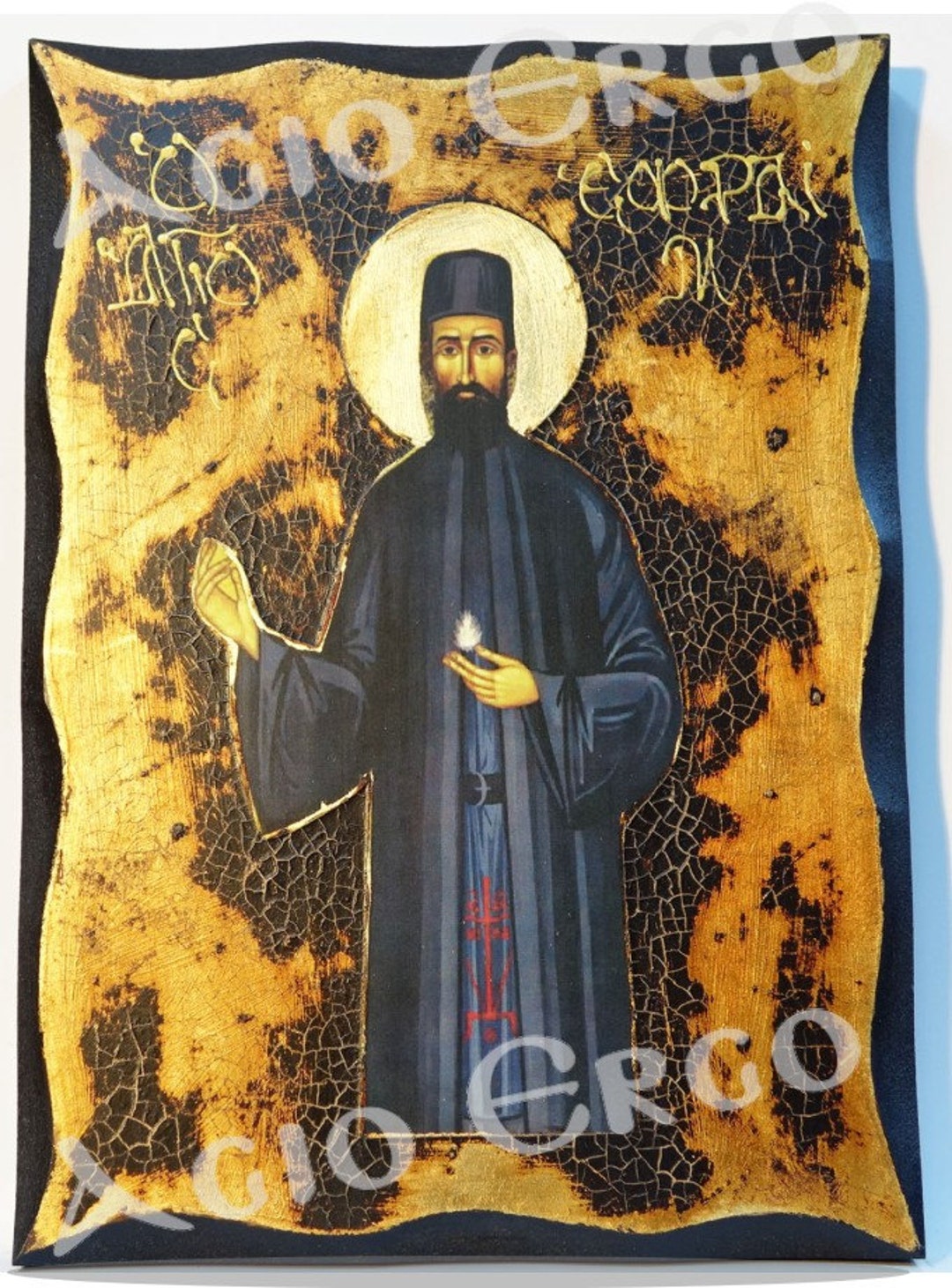 Saint Ephraim of Nea Makri Handmade Wood Icon on Plaque With Physical