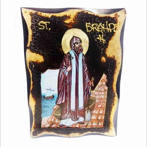 Brendan the Navigator - San Brandano - Brendan de Clonfert -San Brandán Handmade Wood Icon on plaque with physical aging and Golden Leaf 24K