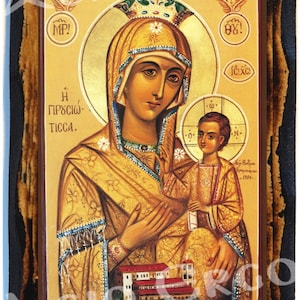 Santa Virgem Maria Proussiotissa Ortodoxa Grega Russa Bizantino Ícone Cristão em Madeira