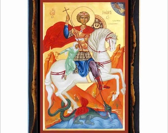 Sint-Joris - Byzantijnse kunst - orthodox-katholieke heilige kaart op handgemaakte houten plaquette