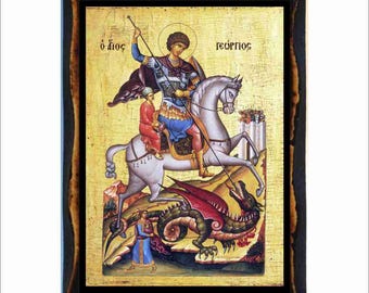Saint George-pictogram: Byzantijnse kunst - orthodox-katholieke heilige kaart op handgemaakte houten plaquette