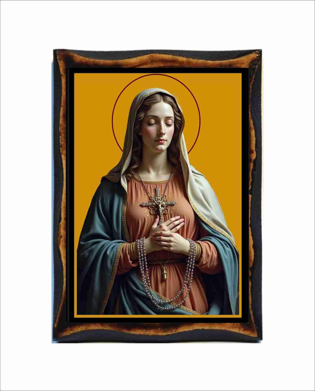 Our Lady of the Rosary Icon - Byzantine Art - Holy Card on Handmade ...