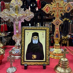 Saint Paisios of Mount Athos Icon – Glossy Stone Plaque 7.9&quot;x5.5&quot; – Païssios du Mont Athos – Padre Paisios del Monte Athos – Orthodox  Art