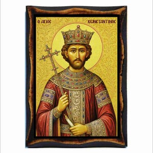 Saint Constantine Icon - Byzantine Art - Holy Card on Handmade Wood Plaque