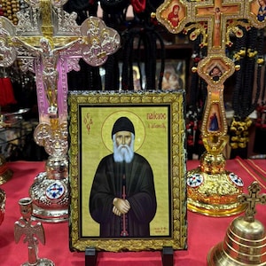 Saint Paisios of Mount Athos Icon – Glossy Stone Plaque 7.9&quot;x5.5&quot; – Païssios du Mont Athos – Padre Paisios del Monte Athos – Orthodox  Art