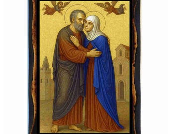 Joachim and Anna Icon - Byzantine Art - Orthodox Catholic Holy Card on Handmade Wood Plaque