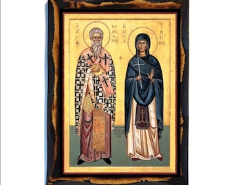 Saints Cyprian and Justina - Byzantine Art - Orthodox Catholic Holy Card on Handmade Wood Plaque