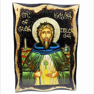 Saint Kevin of Glendalough - Saint Cóemgen - Kevin de Glendalough - Handmade Wood Icon on plaque with physical aging and Golden Leaf 24K