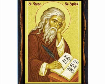 Icoon van Saint Isaac, het Syrisch-Byzantijnse icoon - katholieke heilige kaart op handgemaakte houten plaquette