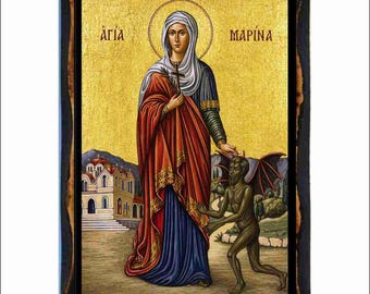 Icono de Santa Marina - Arte bizantino - Estampa religiosa católica ortodoxa en placa de madera hecha a mano