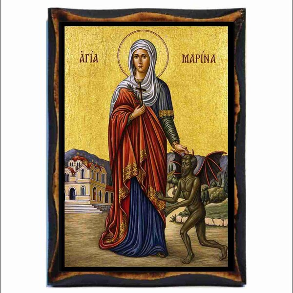 Icono de Santa Marina - Arte bizantino - Estampa religiosa católica ortodoxa en placa de madera hecha a mano