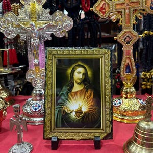 Sacred Heart of Jesus Icon – Glossy Stone Plaque 7.9&quot;x5.5&quot; – Sacro Cuore di Gesù – Catholic Devotional Art – Christian Gift