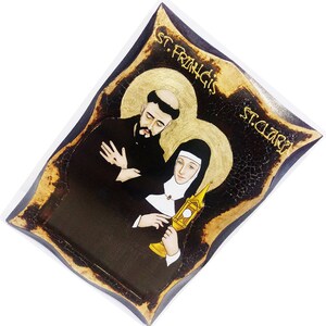 Saint Francis of Assisi and Saint Clare of Assisi Catholic friar, Handmade Wood Icon on plaque with physical aging and Golden Leaf 24K image 3