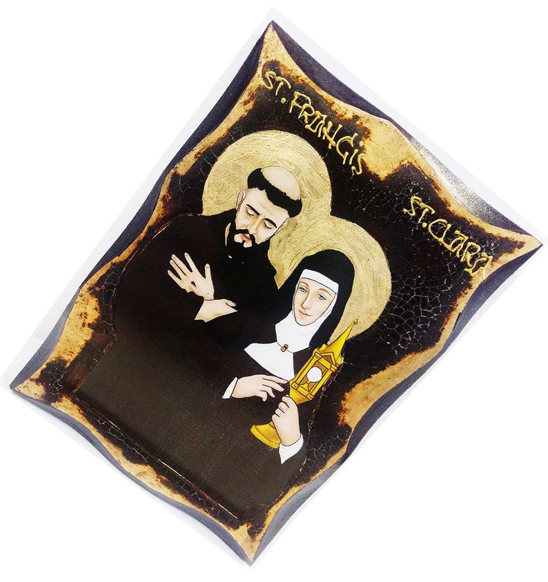 Saint Francis of Assisi and Saint Clare of Assisi Catholic friar, Handmade Wood Icon on plaque with physical aging and Golden Leaf 24K image 3