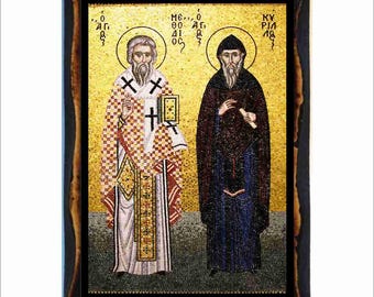 Saints Cyril and Methodius - Byzantine Art - Catholic Holy Card on Handmade Wood Plaque