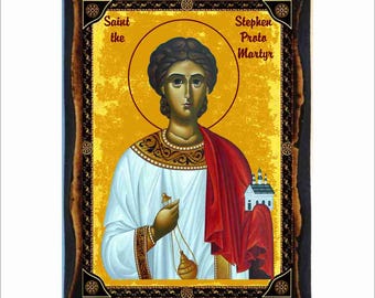 Saint Stephen Byzantine Icon - Orthodox Catholic Holy Card on Handmade Wood Plaque