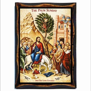 Palm Sunday - Byzantine Art - Orthodox Catholic Holy Card on Handmade Wood Plaque