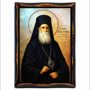 Saint Nectarios Icon - Byzantine Art - Orthodox Holy Card on Handmade Wood Plaque