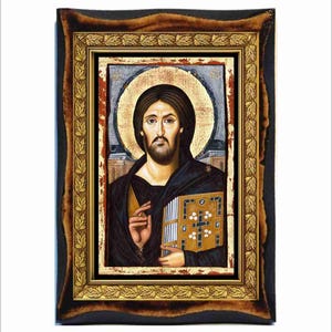 Jesus Christ of Sinai Icon - Byzantine Art - Orthodox Holy Card on Handmade Wood Plaque