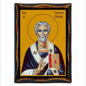 Frederick of Utrecht Icon: Byzantine Art - Catholic Holy Card on Handmade Wood Plaque