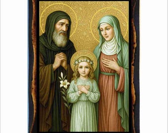 Saints Joachim and Anna - Byzantine Art - Orthodox Catholic Holy Card on Handmade Wood Plaque