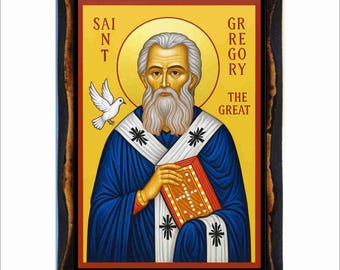 Icono de San Gregorio el Dialogista - Arte Bizantino - Estampa Sagrada en Placa de Madera Hecha a Mano
