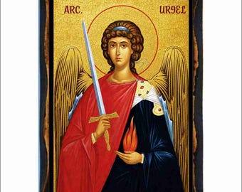 Archangel Uriel Icon - Byzantine Art - Orthodox Catholic Holy Card on Handmade Wood Plaque