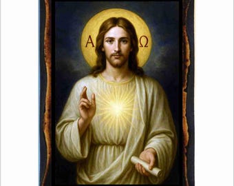Das Alpha und das Omega Ikonen - Byzantinische Kunst - Katholische Heilige Karte auf Handgefertigter Holzplakette