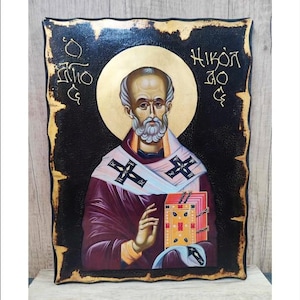 Sinterklaas - Nicolas de Myre - San Nicola di Bari - Kerstman - Saint Nick Handgemaakt houten icoon met fysieke veroudering en bladgoud 24K
