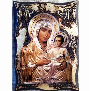 Holy Lady of Jerusalem - Panagia Ierosolymitissa - Theotokos of JerusalemHandmade Wood Icon on plaque with physical aging Golden Leaf 24K