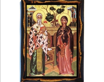 Saints Cyprian and Justina - Byzantine Art - Orthodox Catholic Holy Card on Handmade Wood Plaque