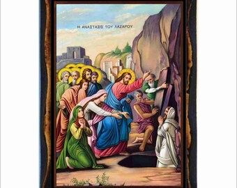 Lazarus Saturday Icon - Byzantine Art - Orthodox Catholic Holy Card on Handmade Wood Plaque