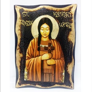 Kateri Tekakwitha - Lilie der Mohawks - Santa Caterina Tekakwitha Handgefertigte Holz Ikone auf Plakette mit physischer Alterung und Goldenem Blatt 24K