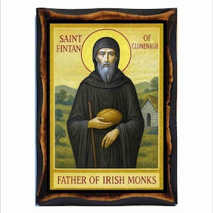 Fintan de Clonenagh - Arte bizantino - Estampa católica en placa de madera hecha a mano