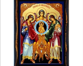Archangels Michael, Gabriel, Raphael - Byzantine Art - Orthodox Catholic Holy Card on Handmade Wood Plaque