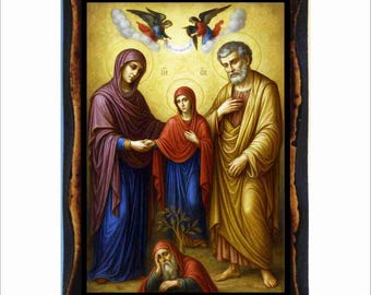 Saints Joachim and Anna - Byzantine Art - Orthodox Catholic Holy Card on Handmade Wood Plaque
