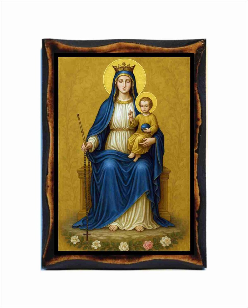 Our Lady of the Rosary Icon - Catholic Holy Card on Handmade Wood ...
