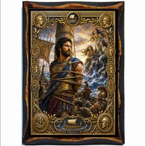 May include: A rectangular wall plaque featuring a detailed illustration of Odysseus tied to a ship mast, surrounded by sirens on rocks. The scene is enclosed in an ornate gold frame with circular medallions depicting helmets, harps, and ships. The text Odysseus is printed at the bottom.