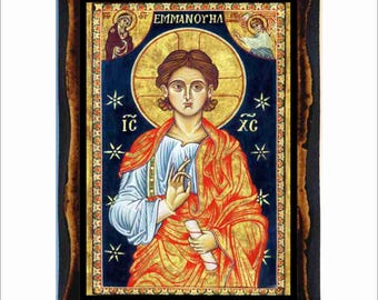 Emmanuel, Jesucristo - Arte bizantino - Estampa católica ortodoxa en placa de madera hecha a mano