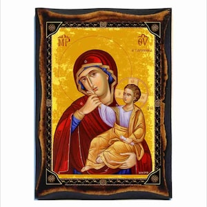 Icona della Vergine Maria Paramythia - Nostra Signora della Consolazione - Immagine sacra su targa di legno fatta a mano