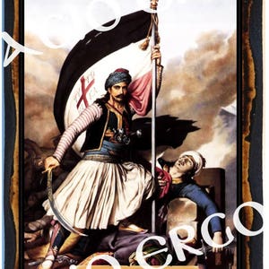 Nikolakis Mitropoulos issa la bandiera della rivoluzione a Salona (Amfissa) il giorno di Pasqua del 1821 - Storia della Grecia - Targa con icona in legno
